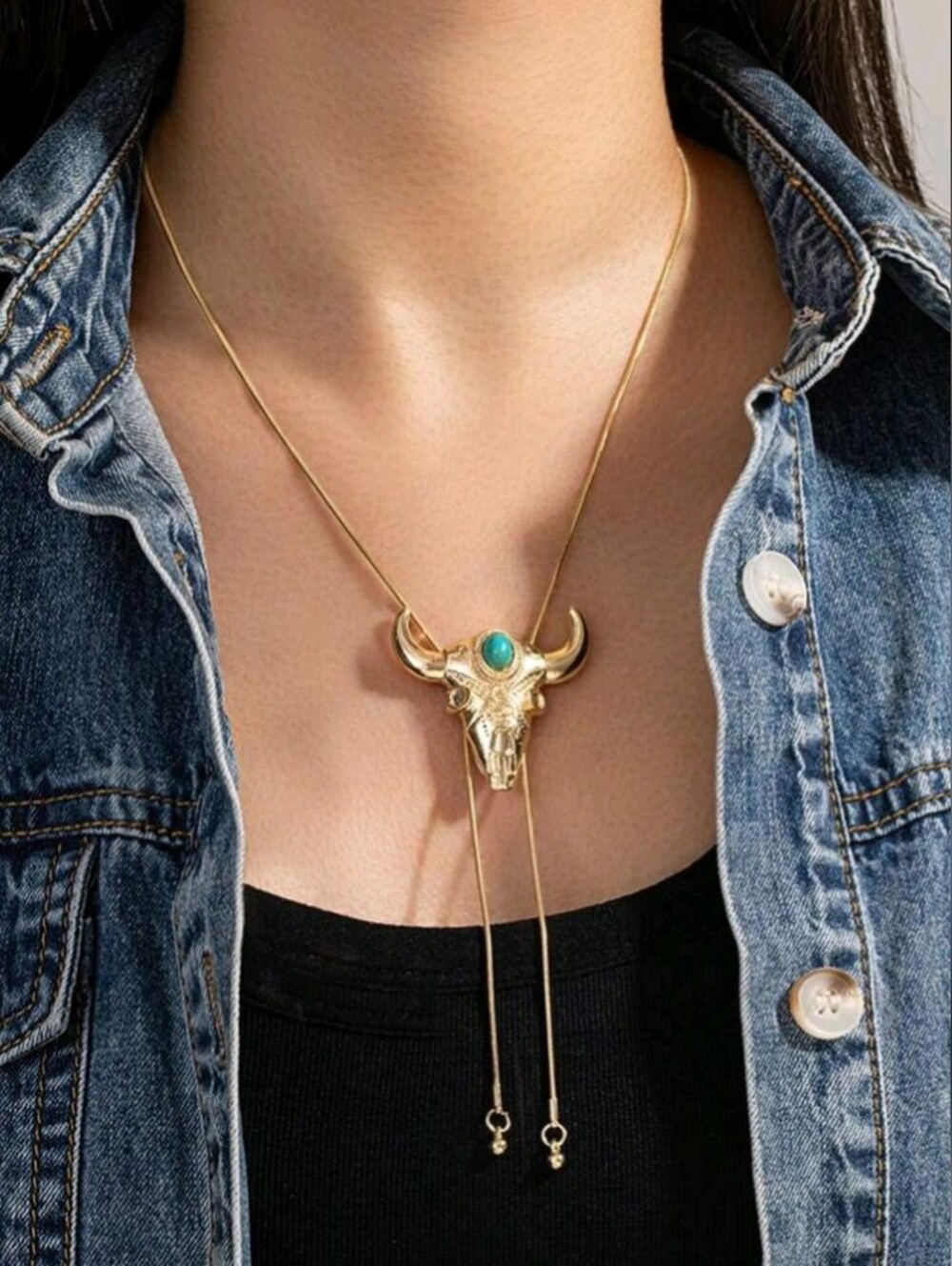 NEW! 18K Gold Plated Western Bull Skull Pendant Necklace with Turquoise Accent